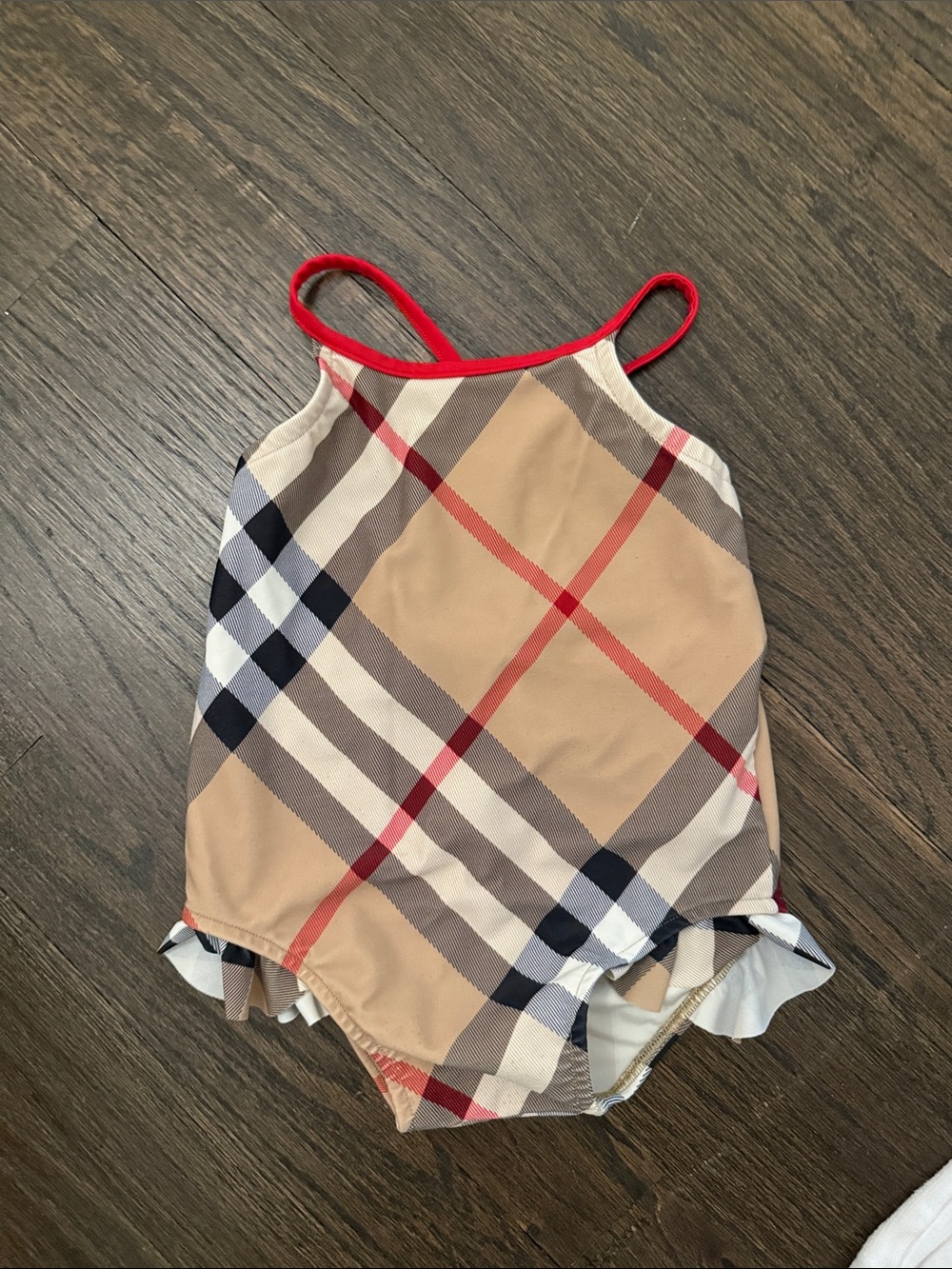 Burberry Tan Plaid Ruffle-Trim One-Piece Swimsuit with Red Trim